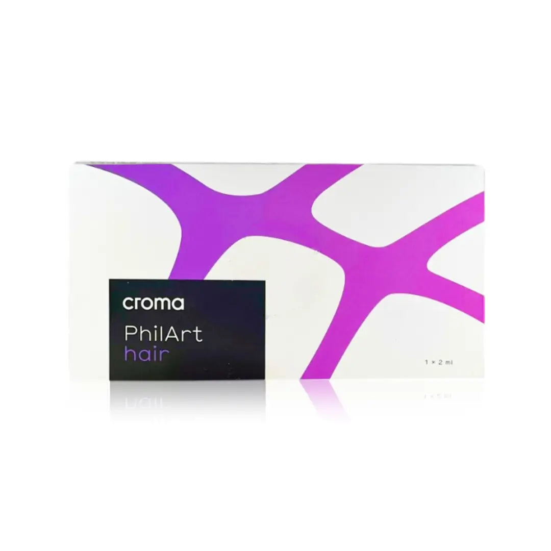 Box of Croma PhilArt Hair with 1 x 2ml vial, featuring a purple and white design for hair rejuvenation treatment.