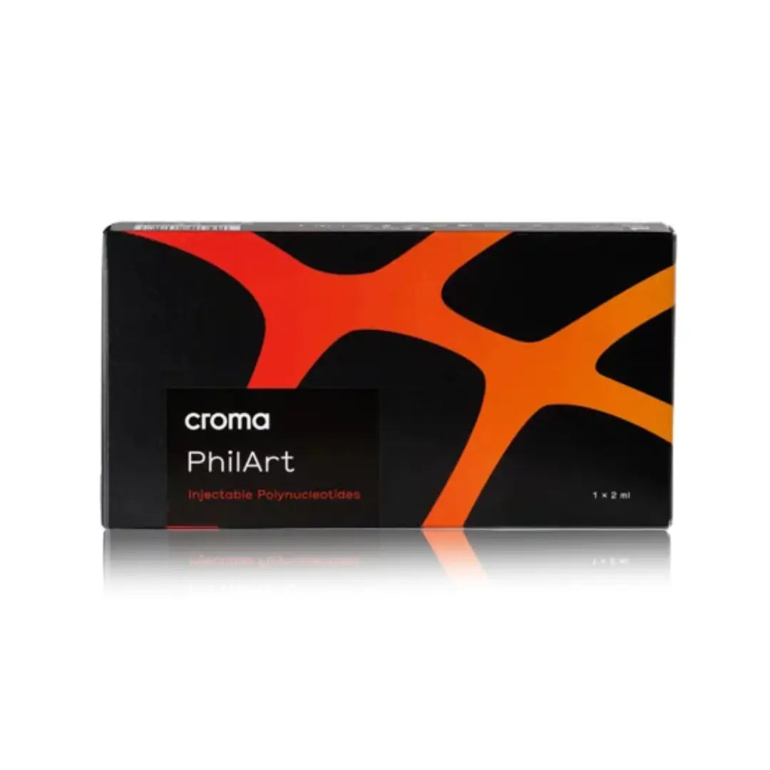 Box of Croma PhilArt with 1 x 2ml vial, featuring a black and orange design, used for collagen stimulation and skin rejuvenation.