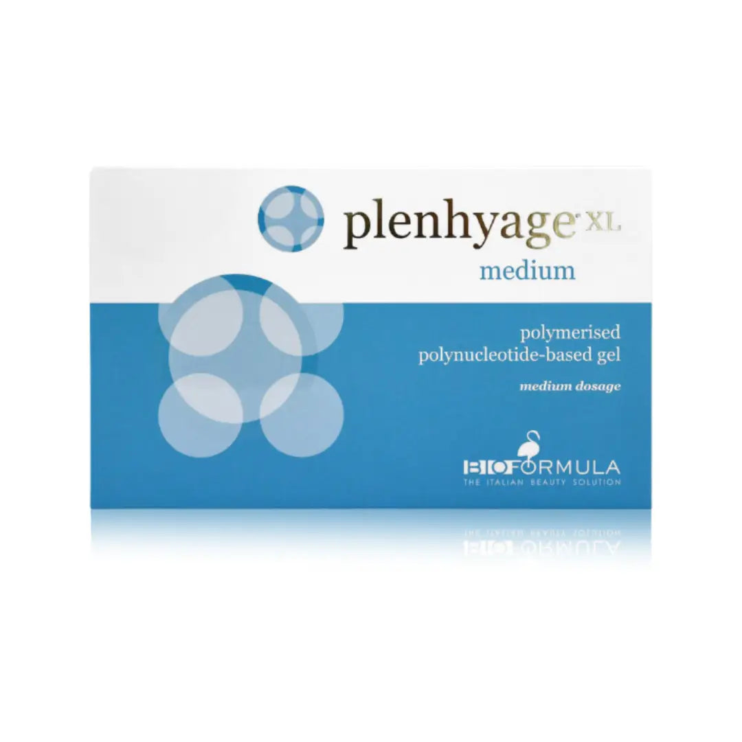 Plenhyage XL Medium 2ml box by Bioformula, featuring a blue and white design with product branding. Labeled as a polymerized polynucleotide-based gel for skin care.