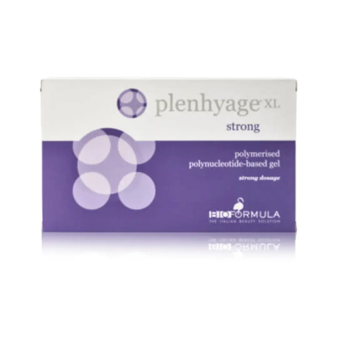 Plenhyage XL Strong 2ml box by Bioformula, featuring a purple and white design with product branding. Labeled as a polymerized polynucleotide-based gel for skin care.