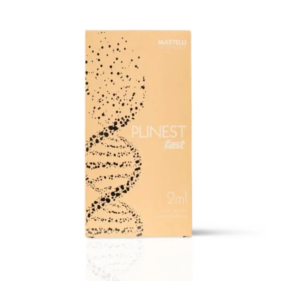 Plinest Fast 2ml skin rejuvenation box, peach-toned packaging with DNA strand design, focusing on skin hydration and firmness.
