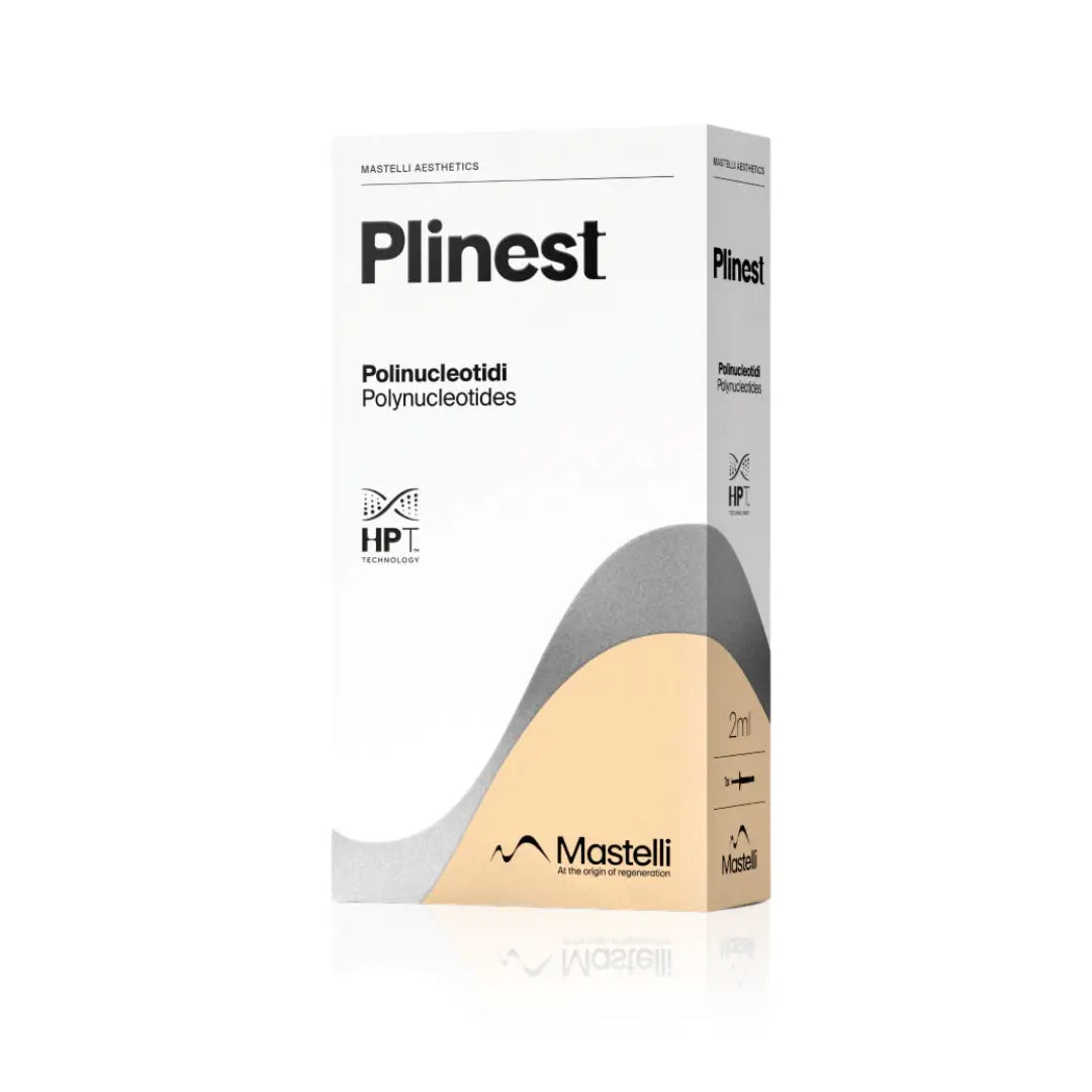 Plinest skin rejuvenation product by Mastelli, 2ml syringe in sleek packaging, focused on enhancing skin quality and appearance.