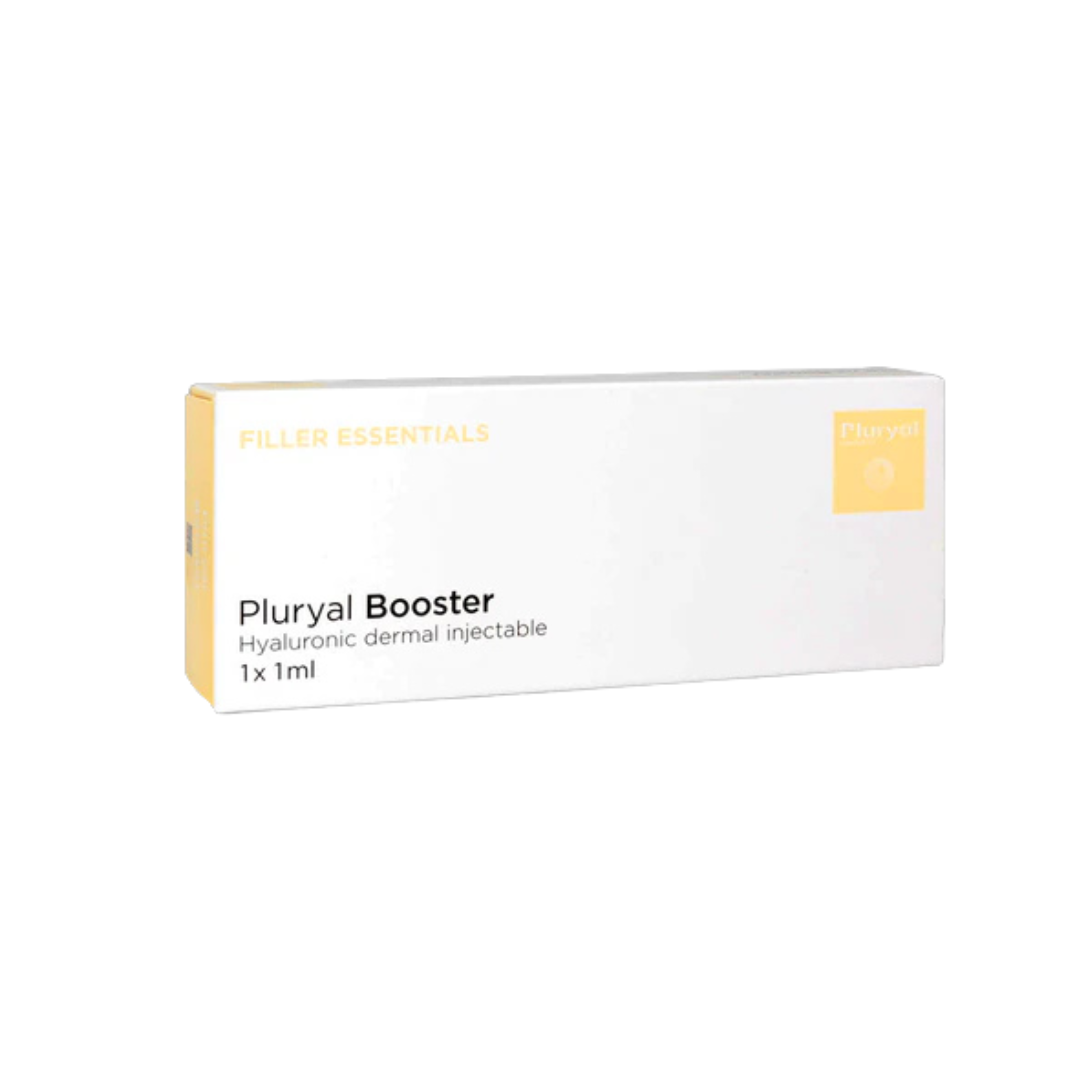 White and yellow Pluryal Booster packaging, 1ml hyaluronic acid injectable for skin hydration and refining.