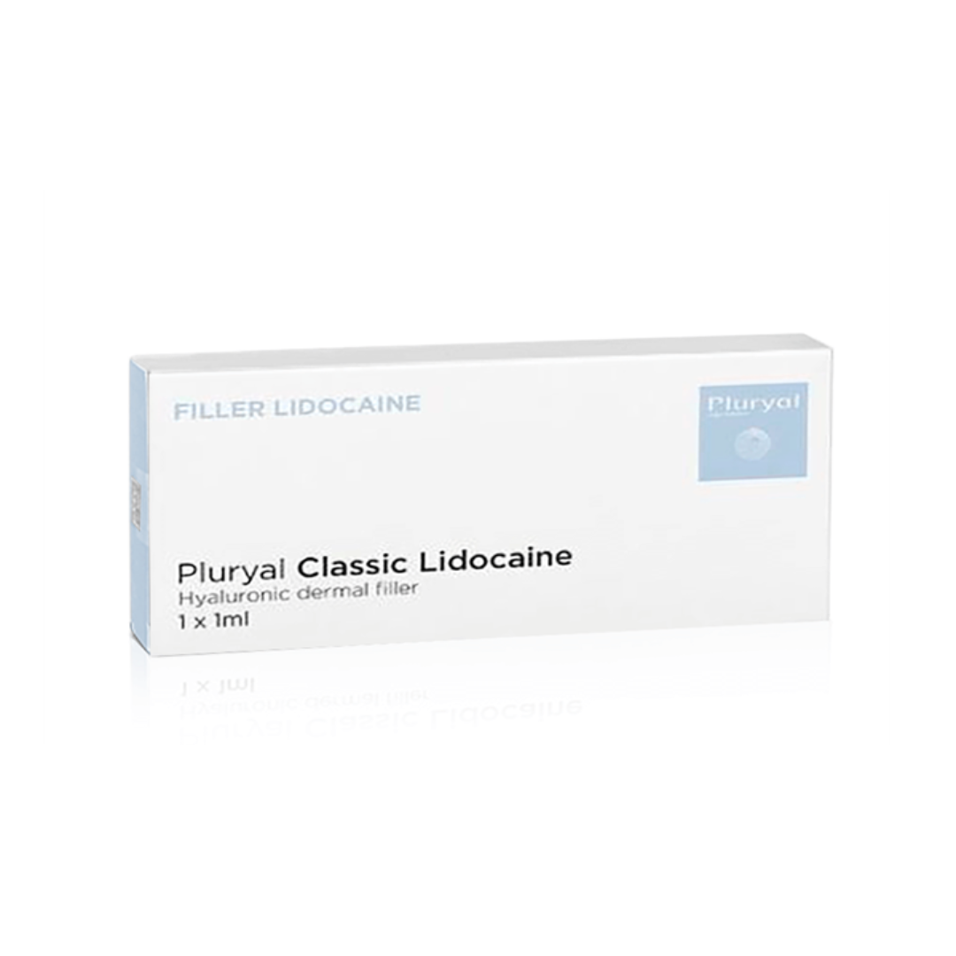 Pluryal Classic Lidocaine white box with blue accent, 1ml hyaluronic dermal filler for facial enhancement.