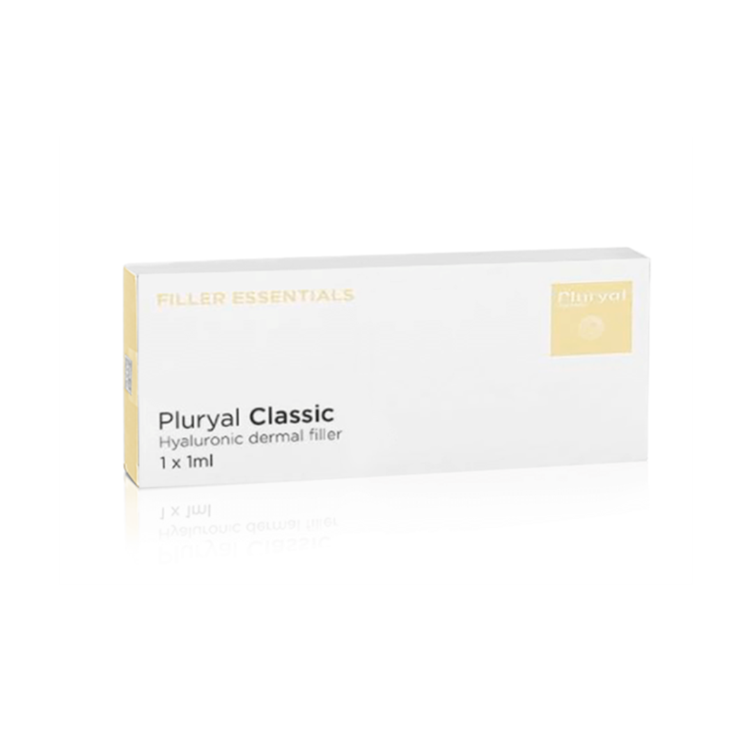 White box labeled 'Pluryal Classic' with yellow accents, contains 1ml syringe for hyaluronic dermal filler.