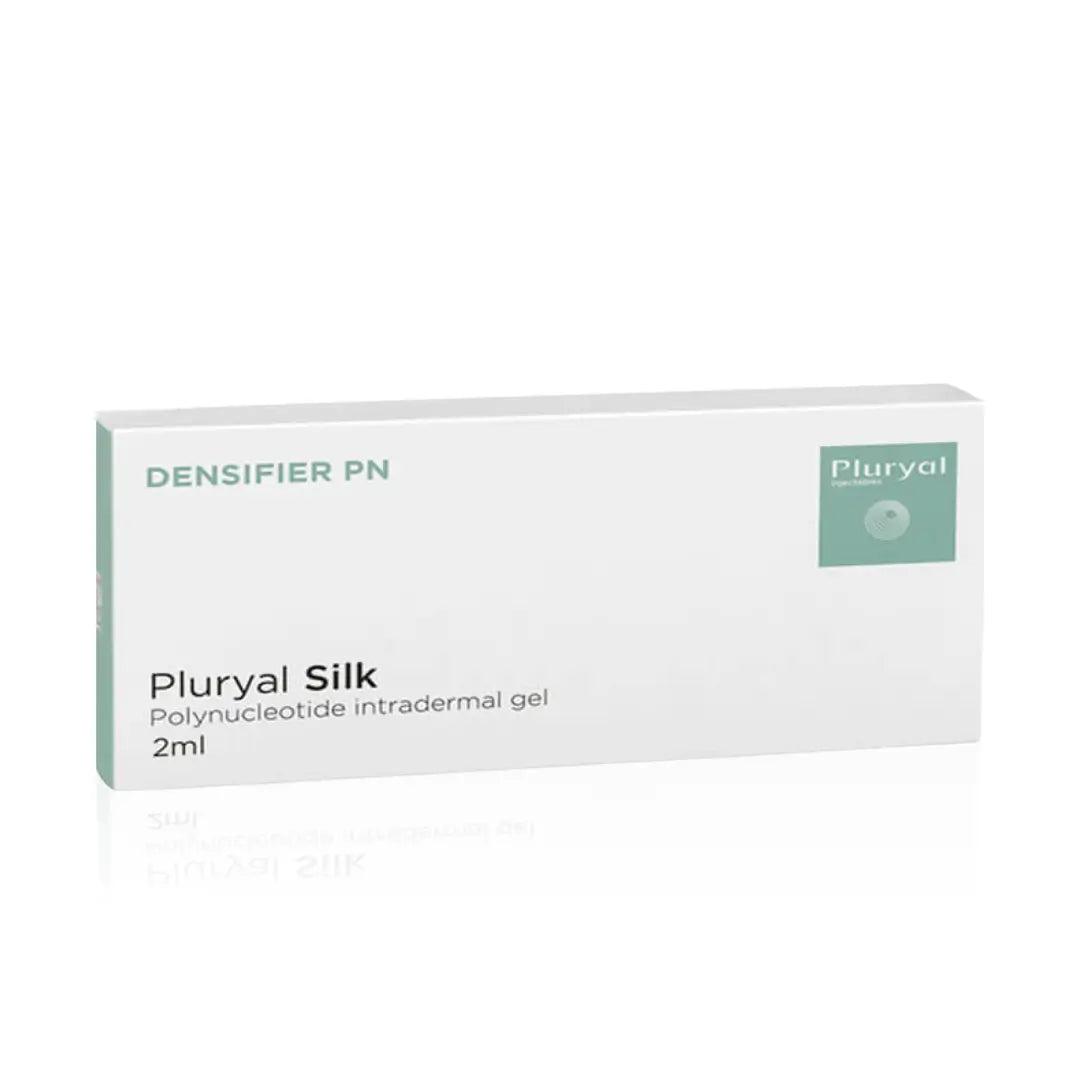 Pluryal Silk 2ml box with a clean white and green design. Labeled as a polynucleotide intradermal gel for skin hydration and elasticity.