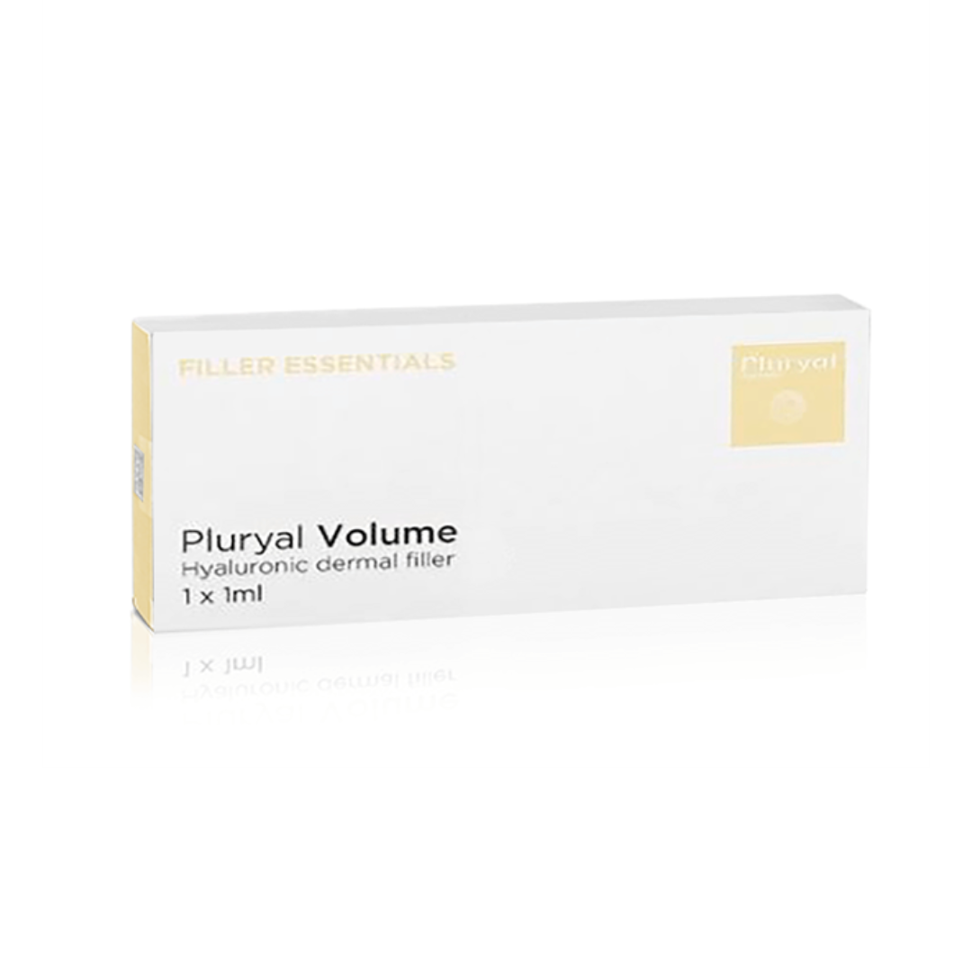 Pluryal Volume box, white with gold accent, 1ml hyaluronic dermal filler for facial volume enhancement.