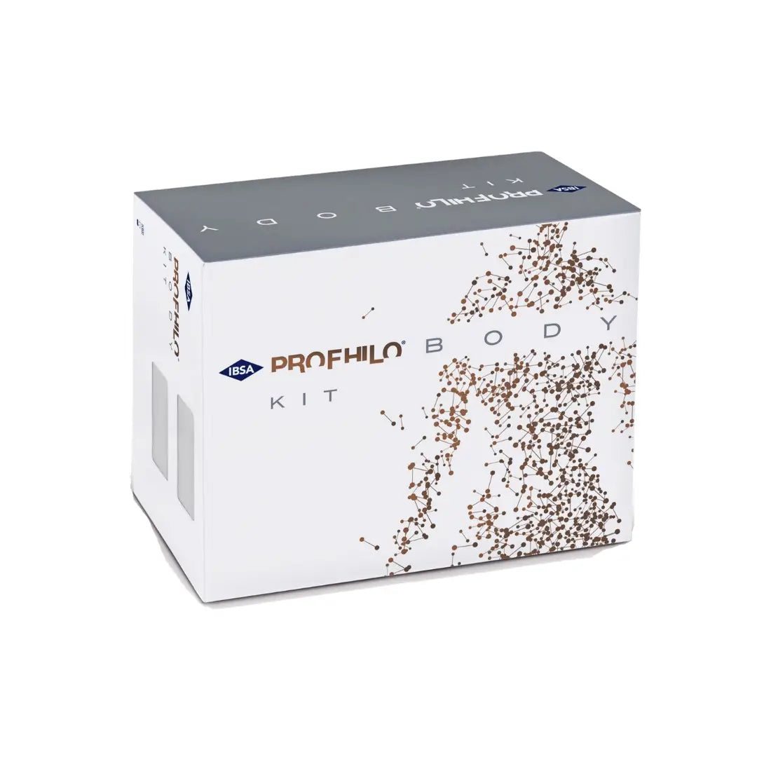 Profhilo Body Kit packaging with dynamic splatter design, includes treatments for skin firmness and hydration.