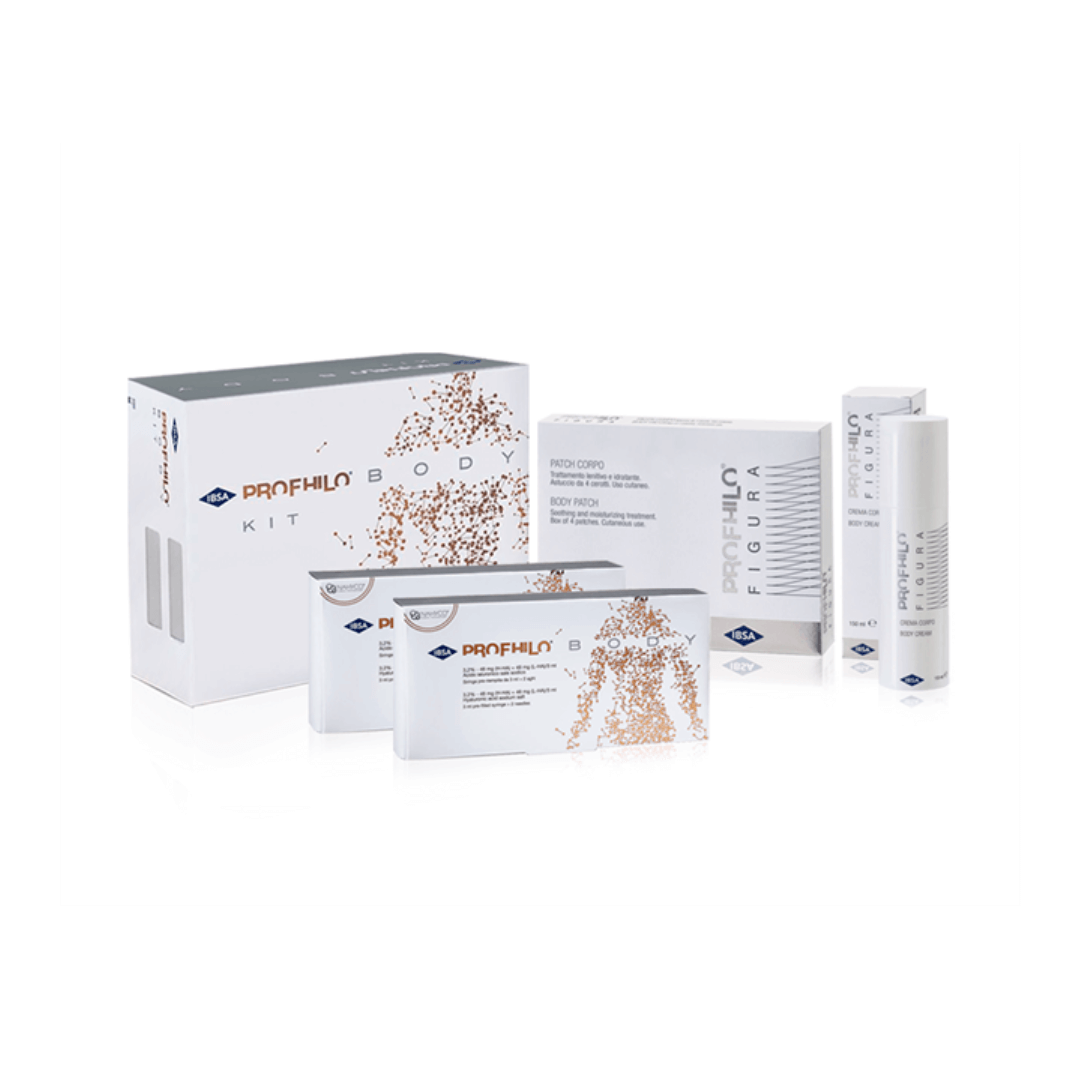 Complete Profhilo Body Kit with syringes, body patches, and cream, designed for skin rejuvenation and moisture.