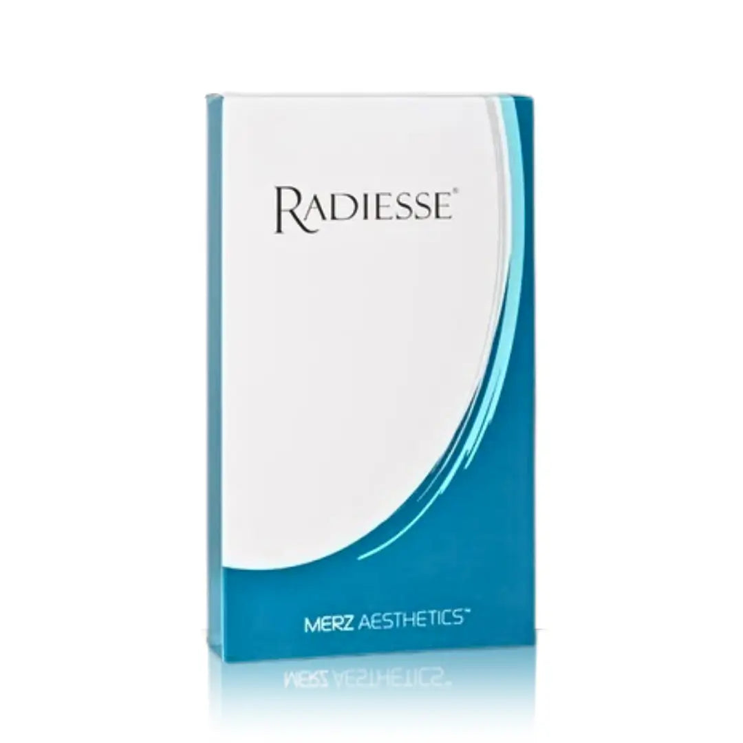 Radiesse 3ml product box by Merz Aesthetics in white and blue, highlighting the brand logo and clean design.