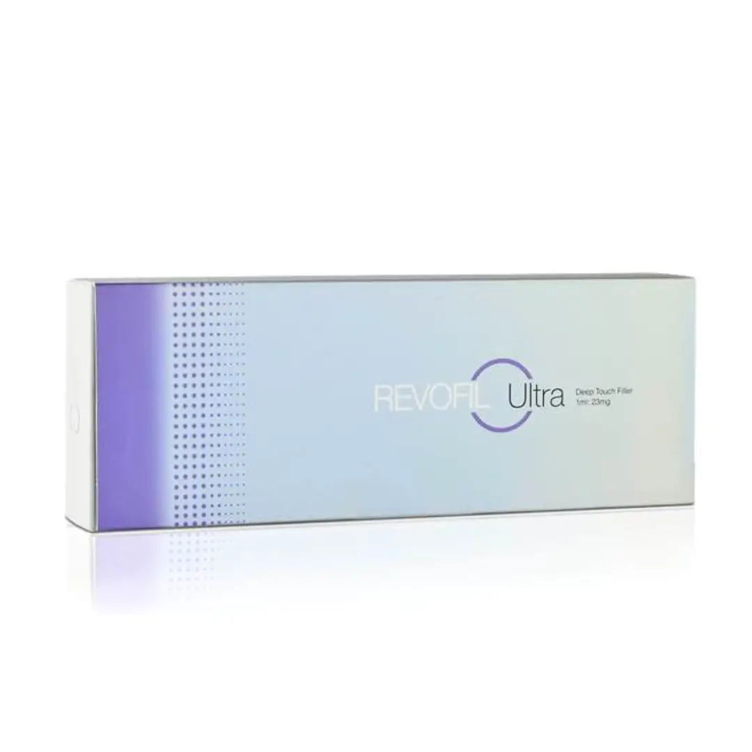 Revofil Ultra box with purple to blue gradient design, labeled as Deep Touch Filler, 2 x 1ml, for enhancing facial contours and reducing deep wrinkles.