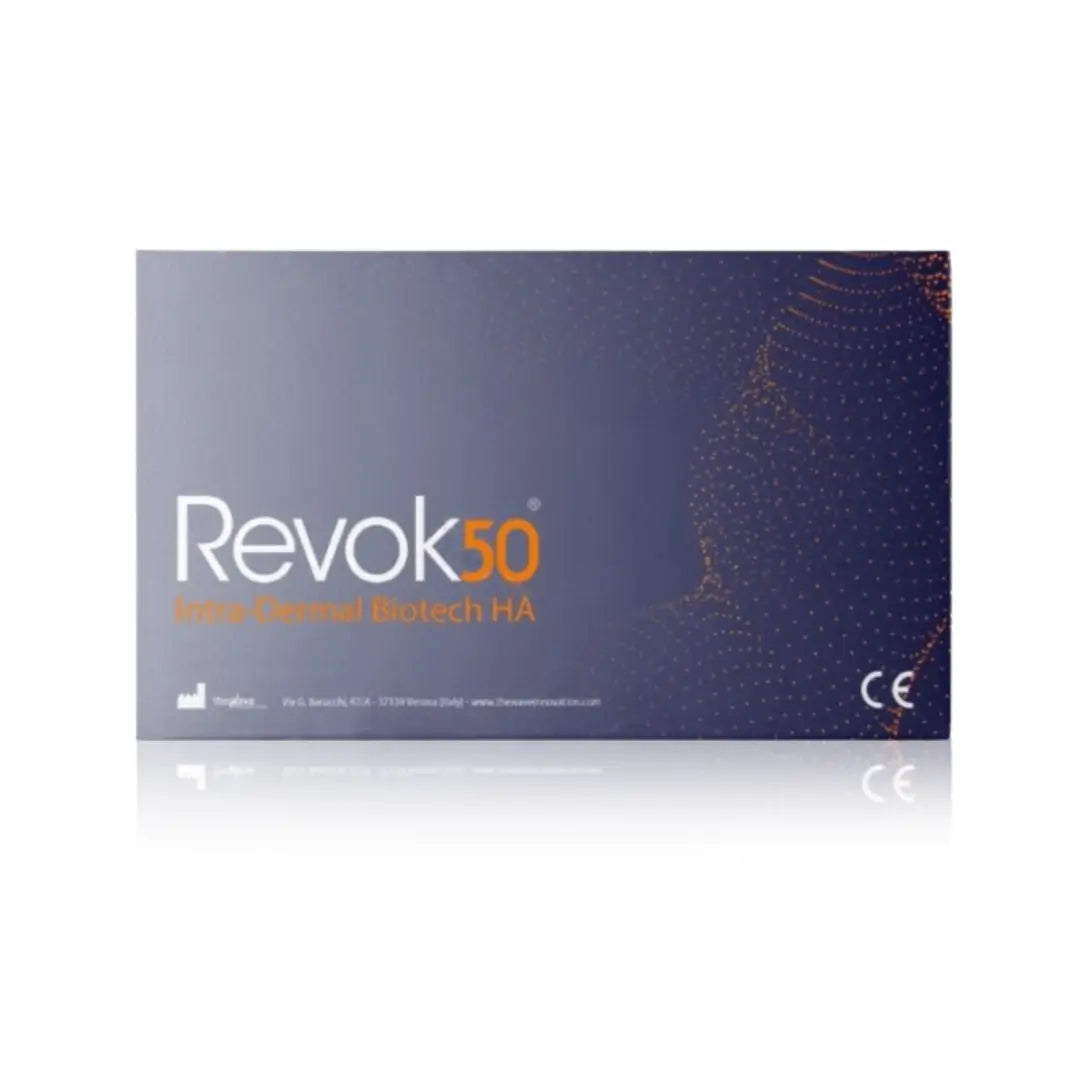 Revok50 2ml box with dark blue and orange packaging. Labeled as Intra-Dermal Biotech HA, featuring product branding and CE marking.