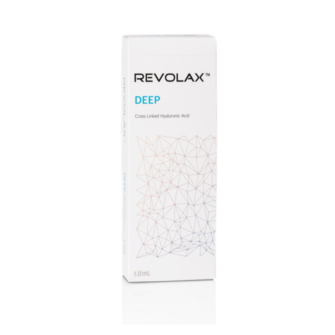 Revolax Deep 1ml syringe packaging, for treating deep wrinkles and enhancing facial features.