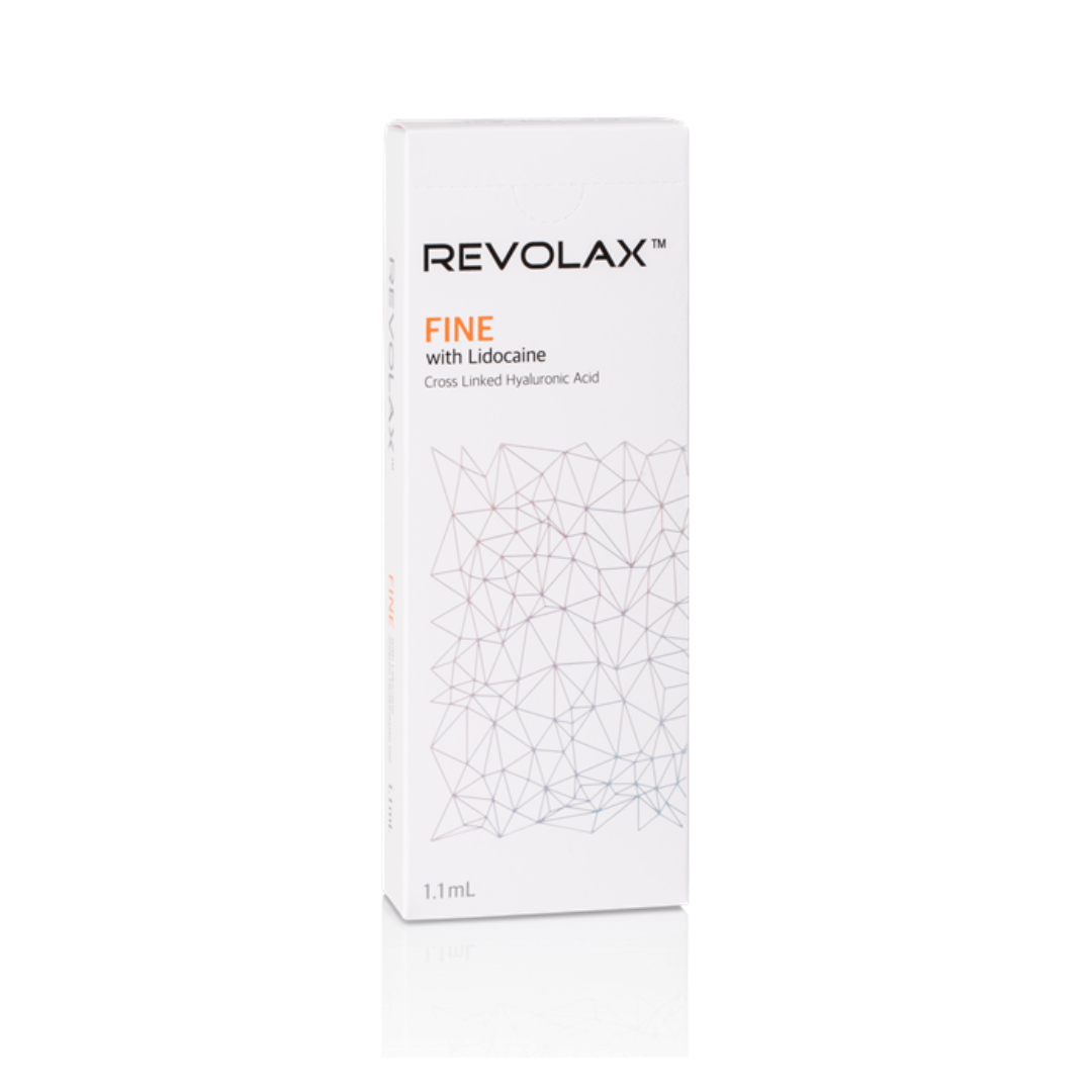 Revolax Fine with Lidocaine packaging against a white background, a dermal filler for treating crow’s feet and neck wrinkles.