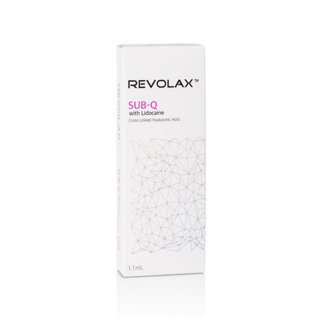 White box of Revolax SUB-Q with Lidocaine (1 X 1.1ML), designed for deep facial wrinkles and contour enhancement.