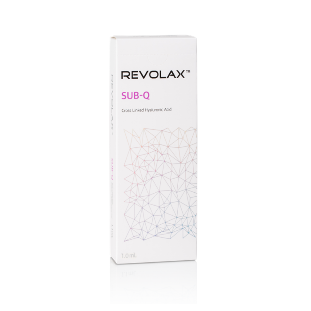 Close-up of Revolax SUB-Q white product packaging, for treating severe wrinkles.