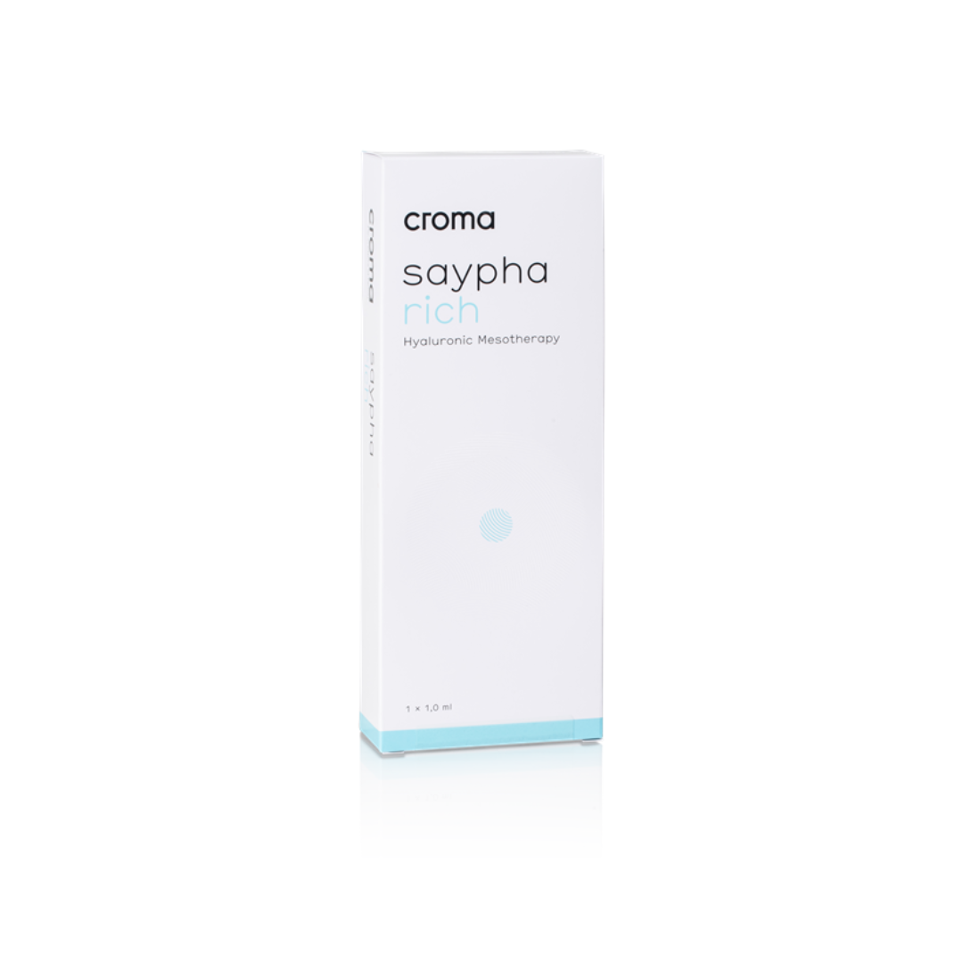 White box of Saypha Rich, a hyaluronic mesotherapy product, with a 1ml syringe included.