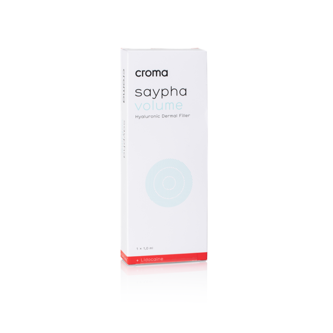 White box of Saypha Volume Lidocaine, containing a 1ml syringe, designed to minimize deep facial wrinkles and restore volume.