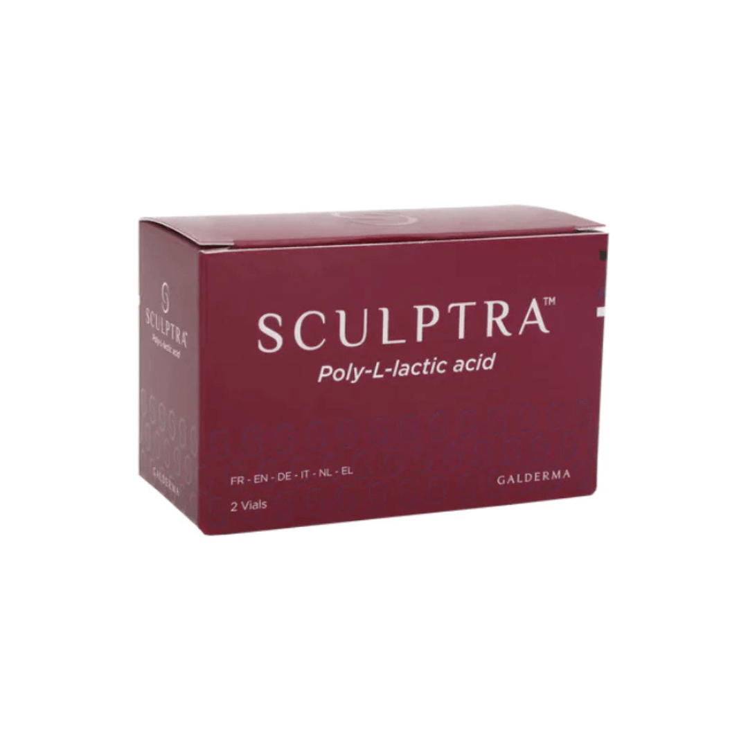 Close-up of a red Sculptra box with white text, containing poly-L-lactic acid for facial volume restoration.