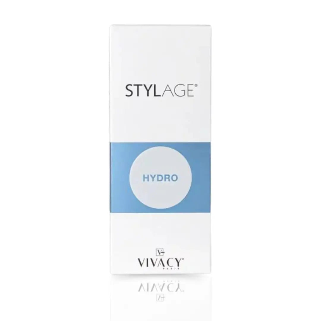 Stylage Bi-Soft Hydro packaging showcasing a clean white box with a bold blue circle and 'HYDRO' label, reflecting skin hydration and revitalization benefits.