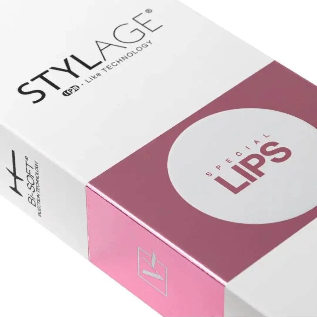 Close-up of Stylage Bi-Soft Special Lips box highlighting the product name and purpose for lip rejuvenation and contour definition.