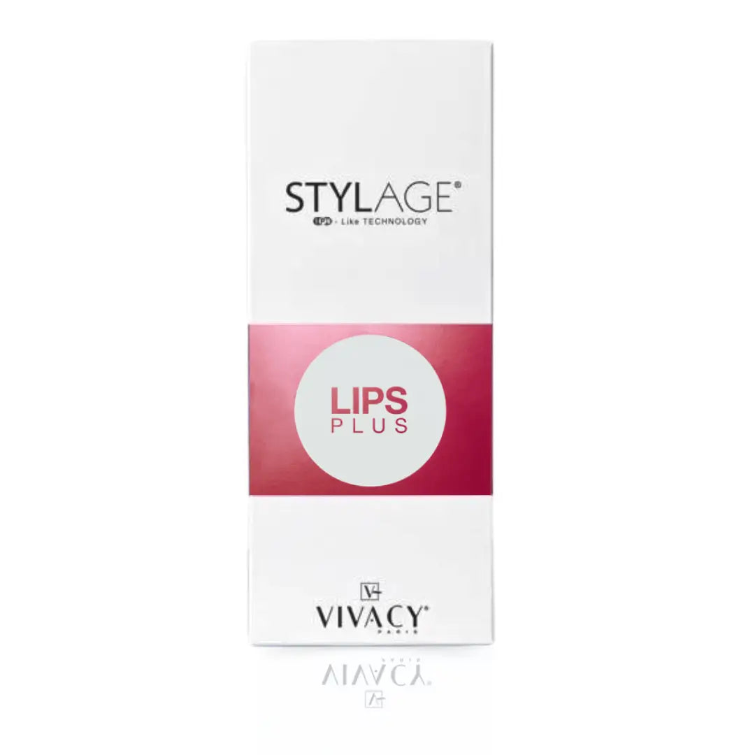 Stylage Bi-Soft Lips Plus product packaging featuring a bold pink label on a white box, emphasizing lip volume enhancement.