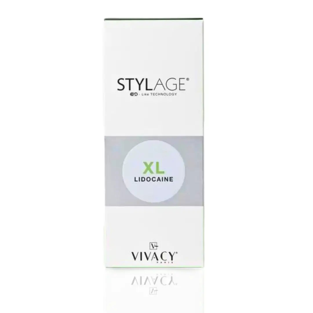 Stylage Bi-Soft XL Lidocaine box with white and green design, highlighting its use for enhancing facial contours.