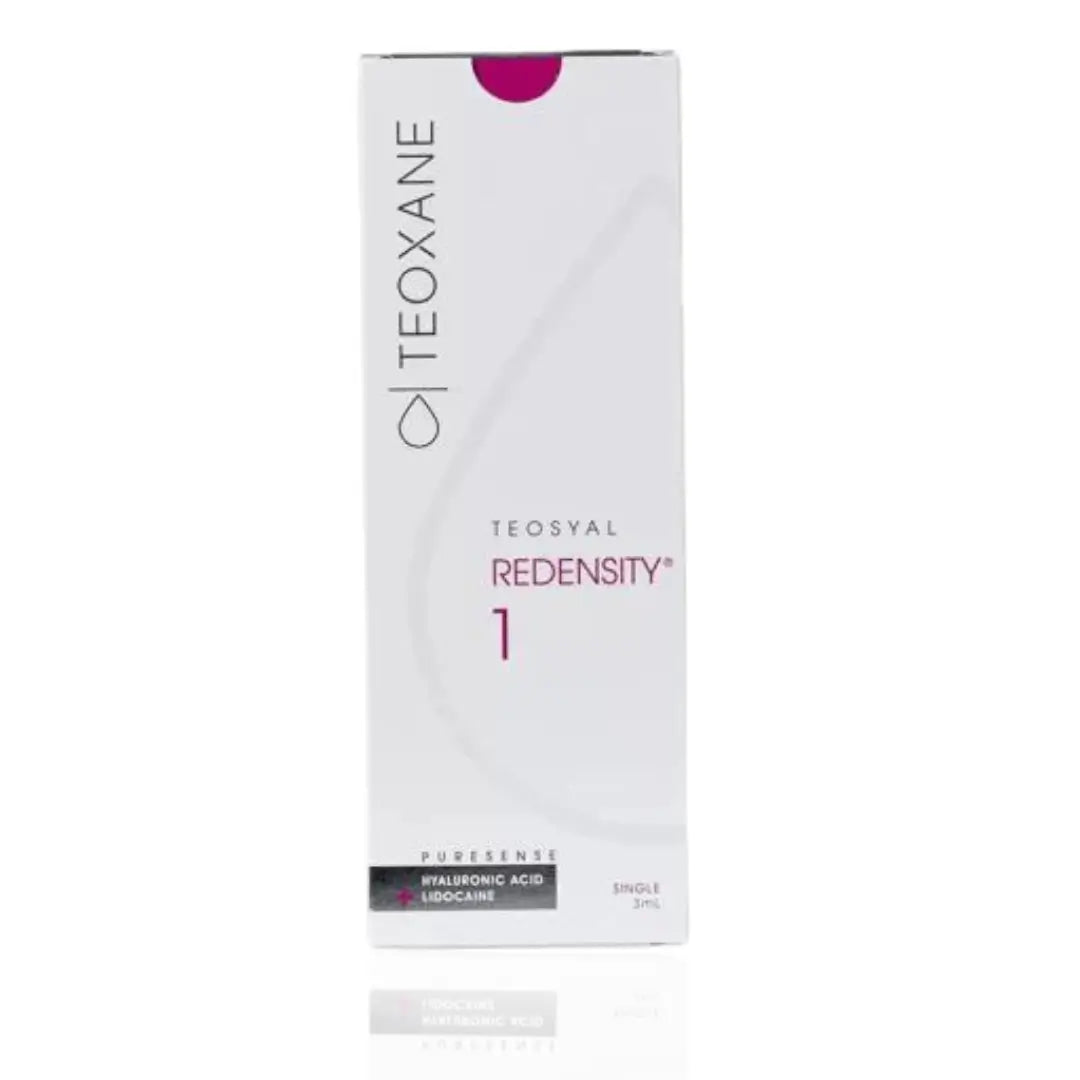 Teosyal Puresense Redensity 1 box, 1 x 3ml filler, designed to boost skin hydration and enhance radiance for a youthful appearance.