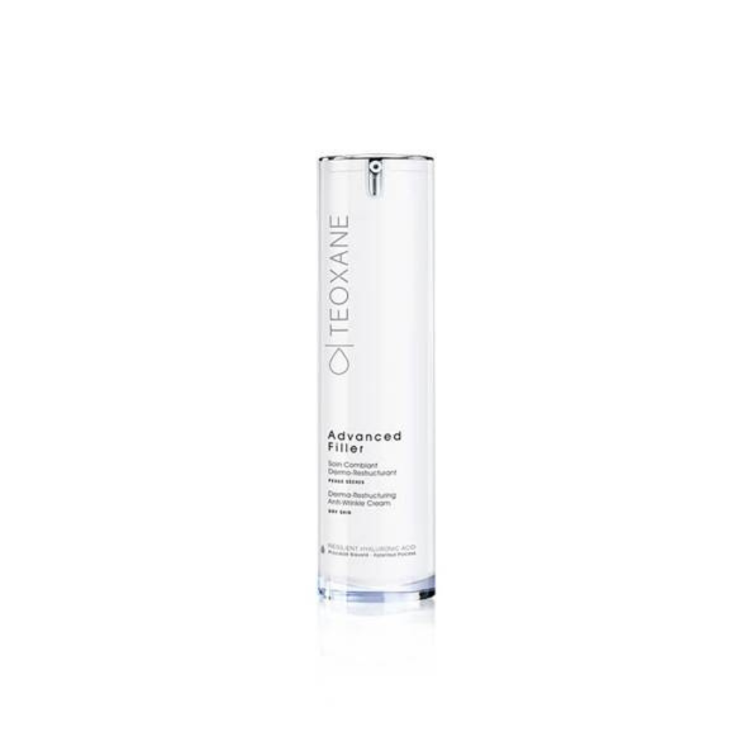 Teoxane Advanced Filler cream in sleek packaging, designed for dry skin with hyaluronic acid and shea butter for deep hydration and wrinkle reduction.