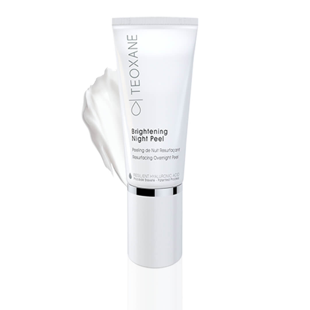 Tube of Teoxane Brightening Night Peel, 40ml, with white packaging and visible product texture, containing hyaluronic acid and 15% glycolic acid.