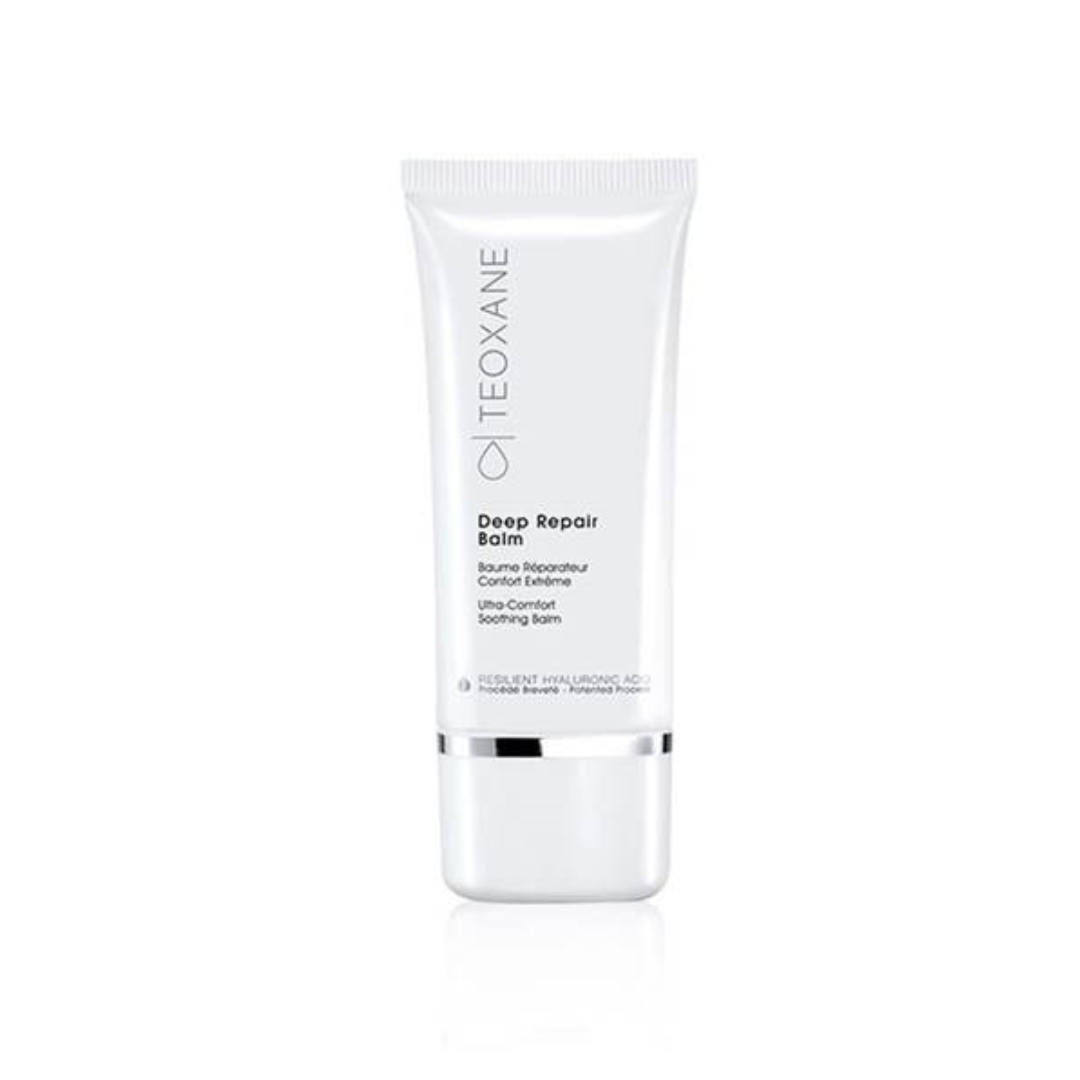 Tube of Teoxane Deep Repair Balm, 30ml white and silver tube for soothing and restoring skin.