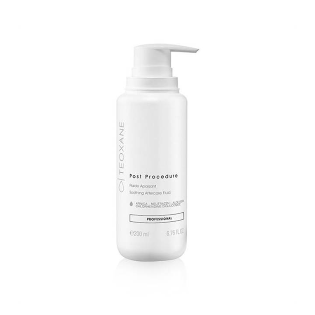 Teoxane Post Procedure 200ml, a white pump bottle of soothing aftercare fluid for skin restoration post-aesthetic treatments.