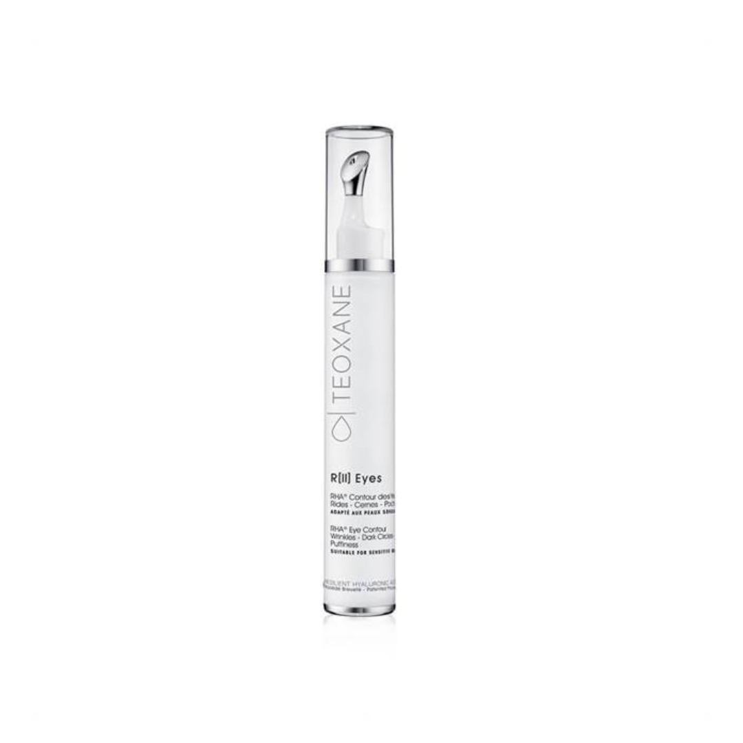 Teoxane R(II) Eyes 15ml, a sleek eye contour solution in a dispenser with a metallic tip for fine lines and dark circle reduction.