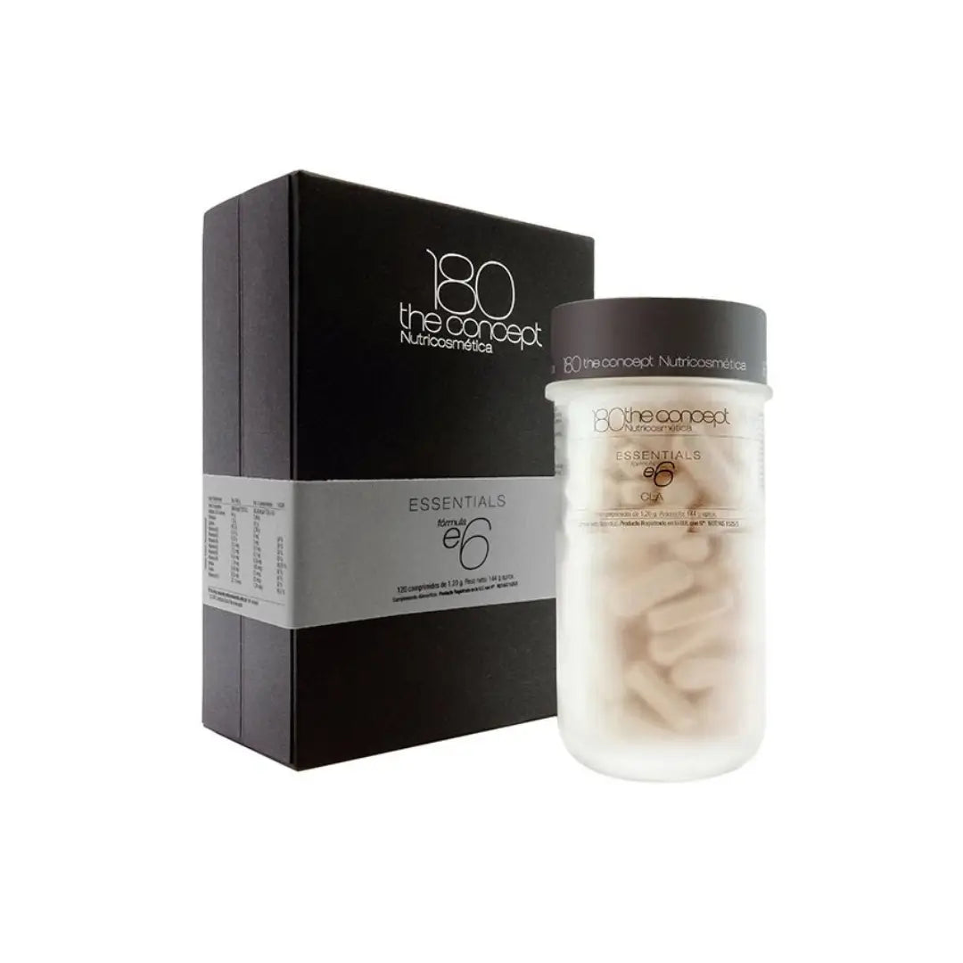 180 The Concept E6 tablets in a clear bottle next to its black packaging, for body sculpting and wellness.