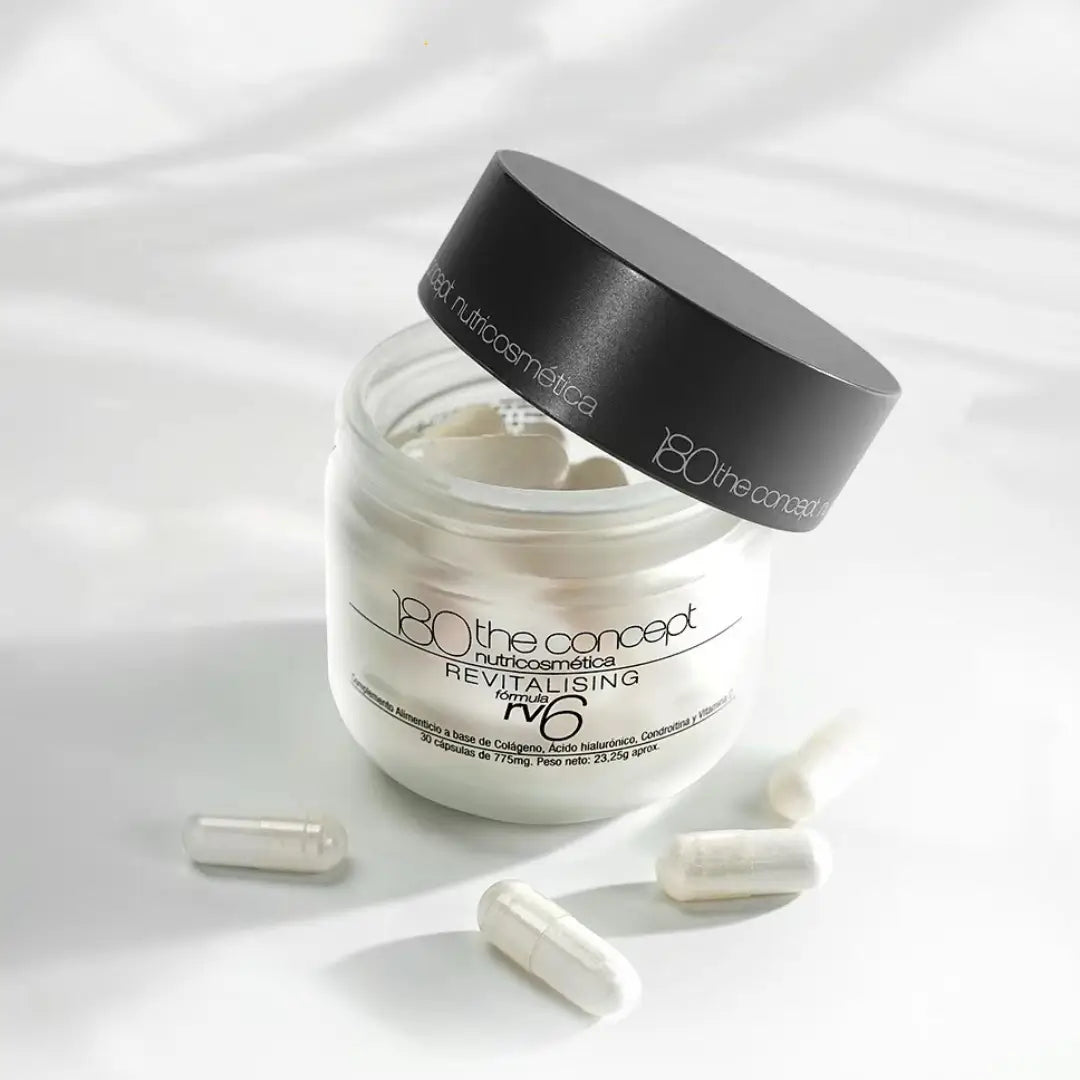 Open jar of 180 The Concept RV6 with capsules around, enhancing skincare with firming and anti-aging benefits.