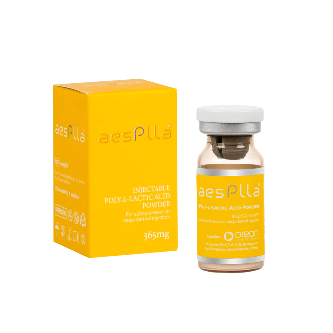 AesPlla poly-L-lactic acid dermal filler with its bright yellow packaging, suitable for deep facial treatments and volume restoration.