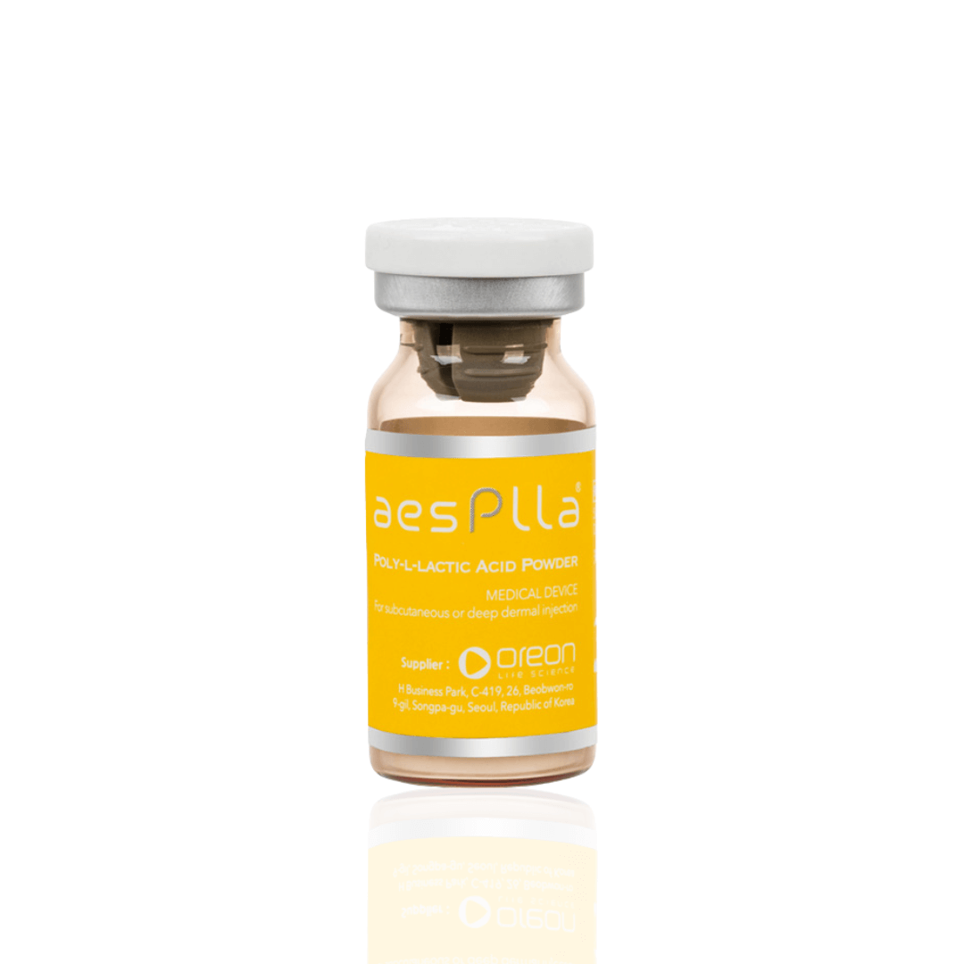 AesPlla injectable poly-L-lactic acid powder in a vial, used for facial wrinkles and collagen production.