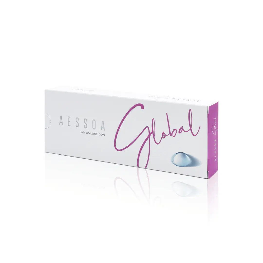 Aessoa Global Lidocaine 1ml syringe packaging, targeting superficial facial lines and enhancing lip contours for refined skin texture.