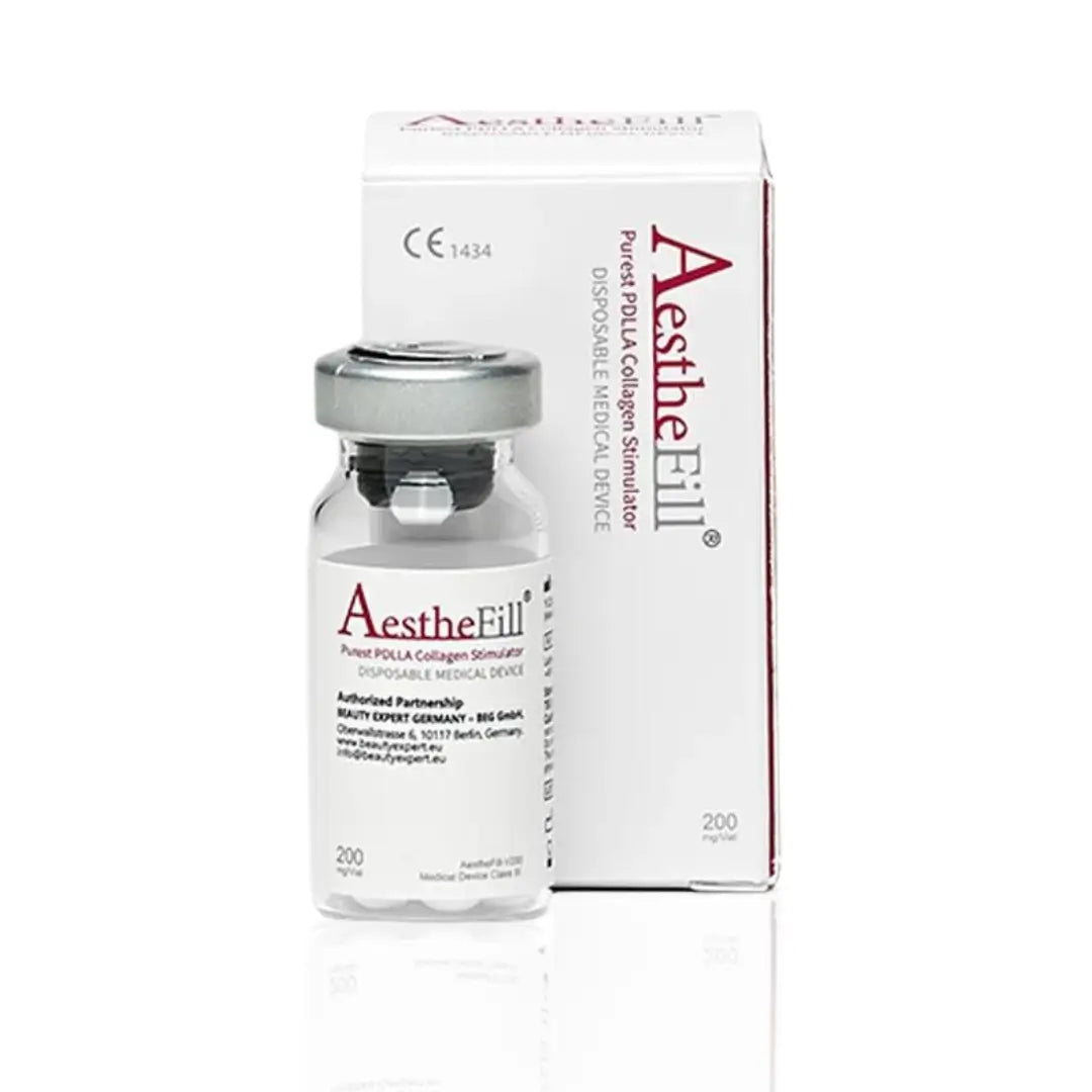 AestheFill 200mg vial with packaging box, a cosmetic solution aimed at improving skin texture and reducing facial lines, photographed in clear detail.