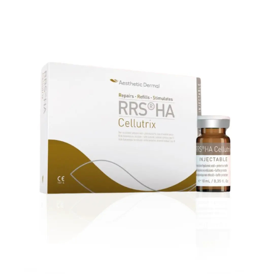 Box of RRS HA Cellutrix with one vial showing, 10ml injectable designed to improve skin texture and smoothness, ideal for legs and abdomen.