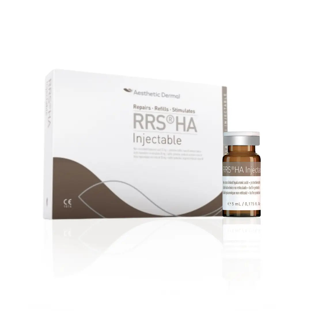 Box of RRS HA Injectable with one vial showing, 5ml injectable for anti-ageing and skin rejuvenation, ideal for face, neck, and abdomen areas.