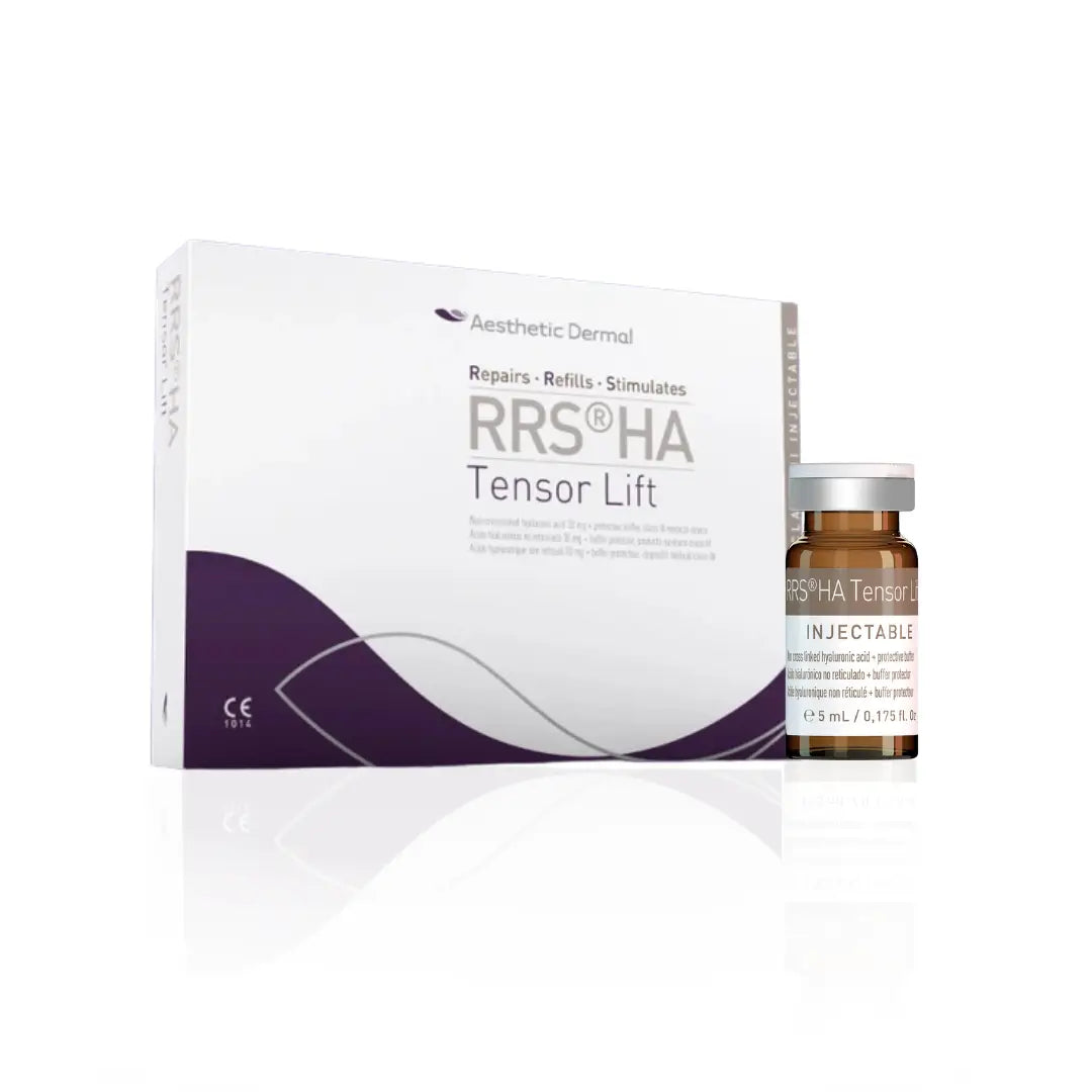 Box of RRS HA Tensor Lift with one vial showing, 5ml injectable designed to hydrate and tighten skin, ideal for face, neck, and abdomen areas.