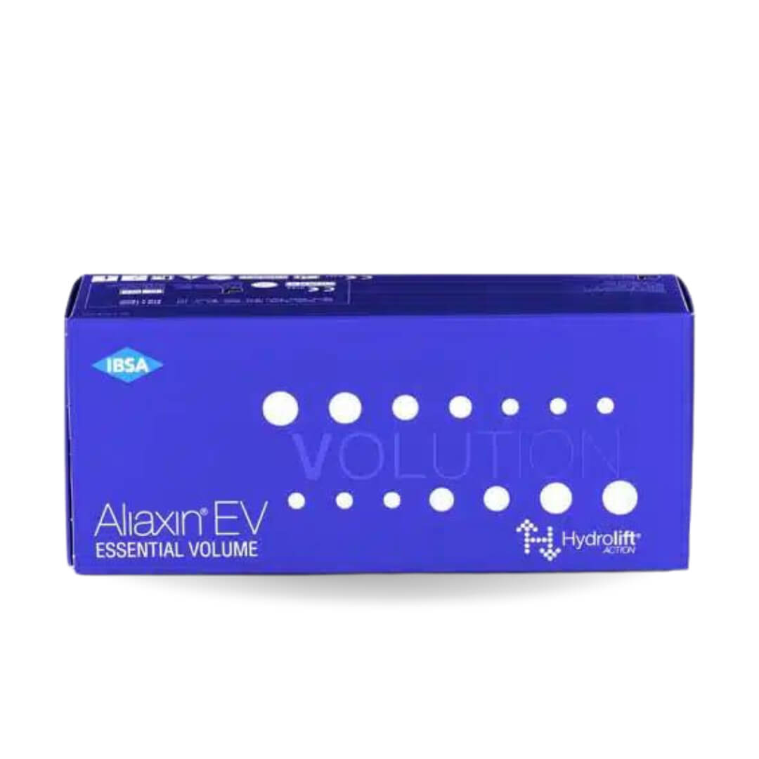 Close-up of Aliaxin EV box emphasizing its lifting capacity and contour shaping benefits, contains hyaluronic acid.