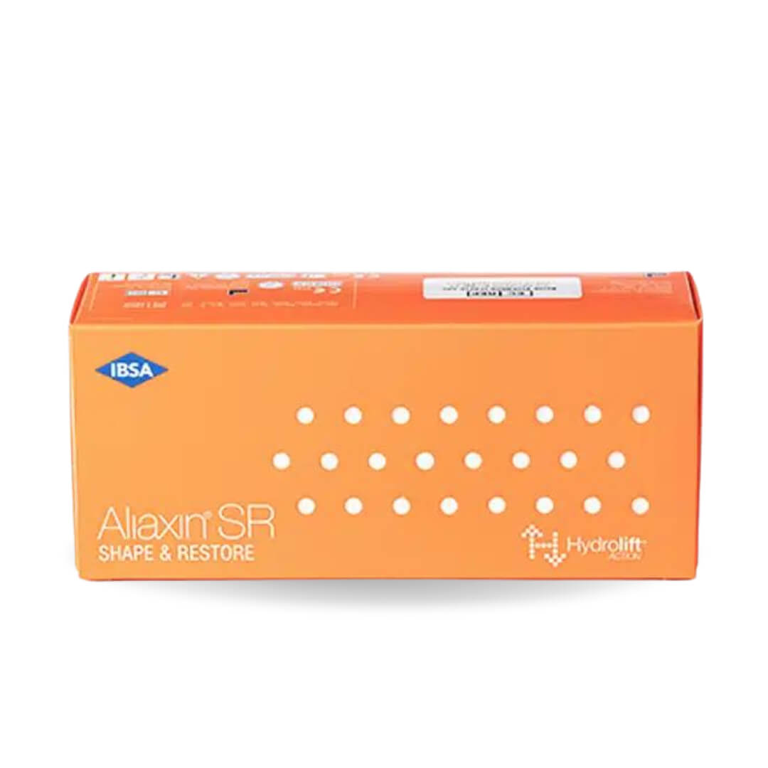 Bright orange Aliaxin SR box for facial reshaping and contouring, includes 2 syringes and 4 needles.