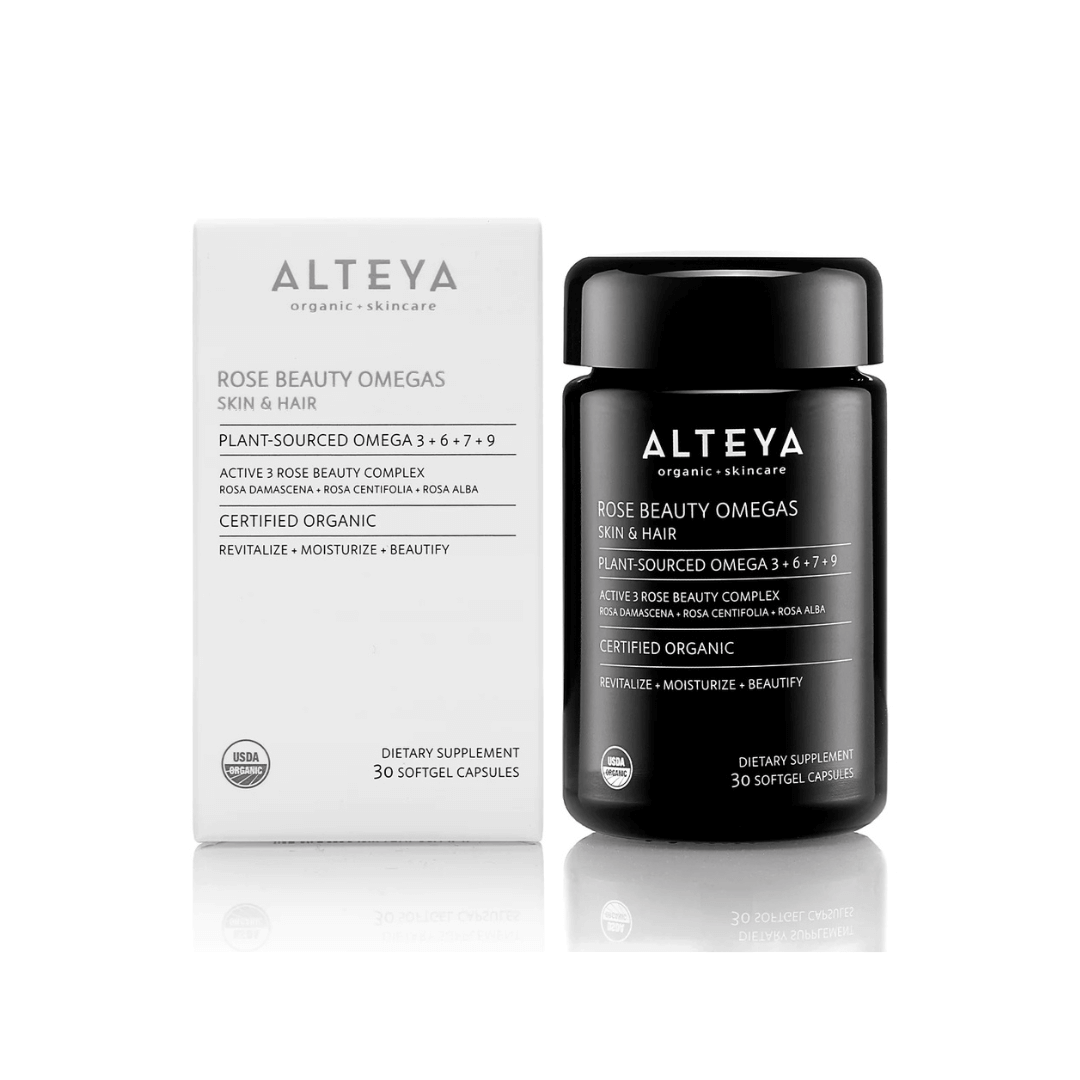 Alteya Organics Rose Beauty Omegas packaging showing the box and bottle, emphasizes organic certification and skin benefits.