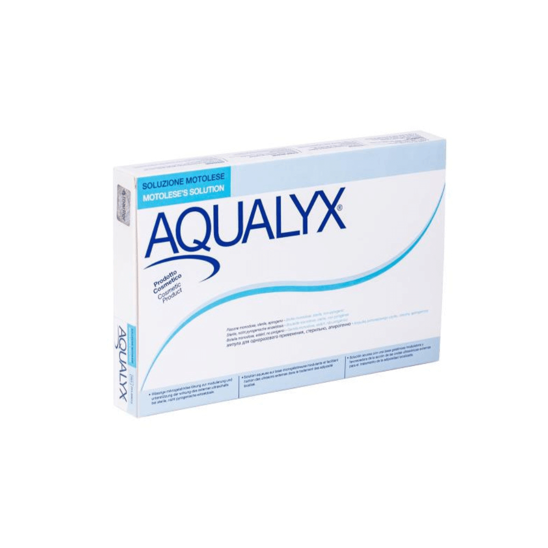 Aqualyx packaging box displaying 10 vials of 8ml each, designed for non-surgical reduction of localized fat under the skin, biocompatible and biodegradable.