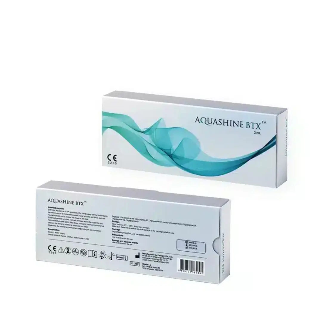 Aquashine BTX box with a blue and white wave design, labeled for 2ml content, used for rejuvenation and wrinkle reduction.