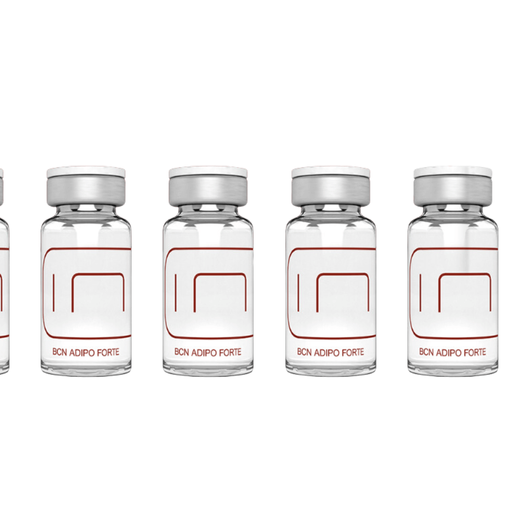 Five vials of BCN Adipo Forte lined up, each containing 10ml of anti-cellulite cocktail for targeted fat reduction and skin firming.