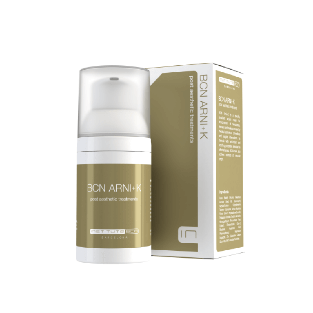 BCN Arni+K post-aesthetic treatment cream with box, designed to soothe and alleviate skin after aesthetic procedures, 35ml bottle visible.