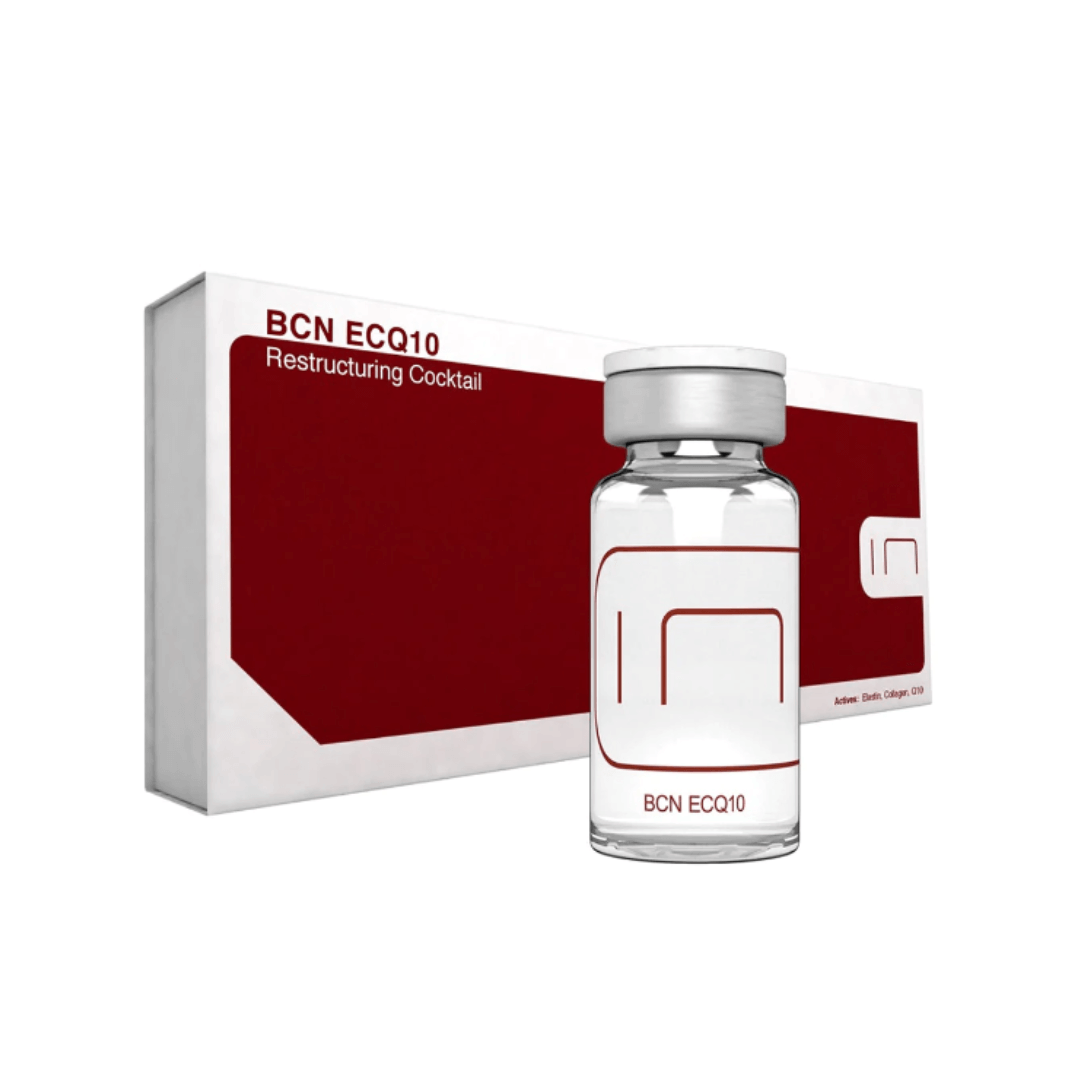 Packaging of BCN ECQ10 with one visible vial, a skin rejuvenation solution with collagen, elastin, and coenzyme Q10 for enhancing skin firmness and hydration.